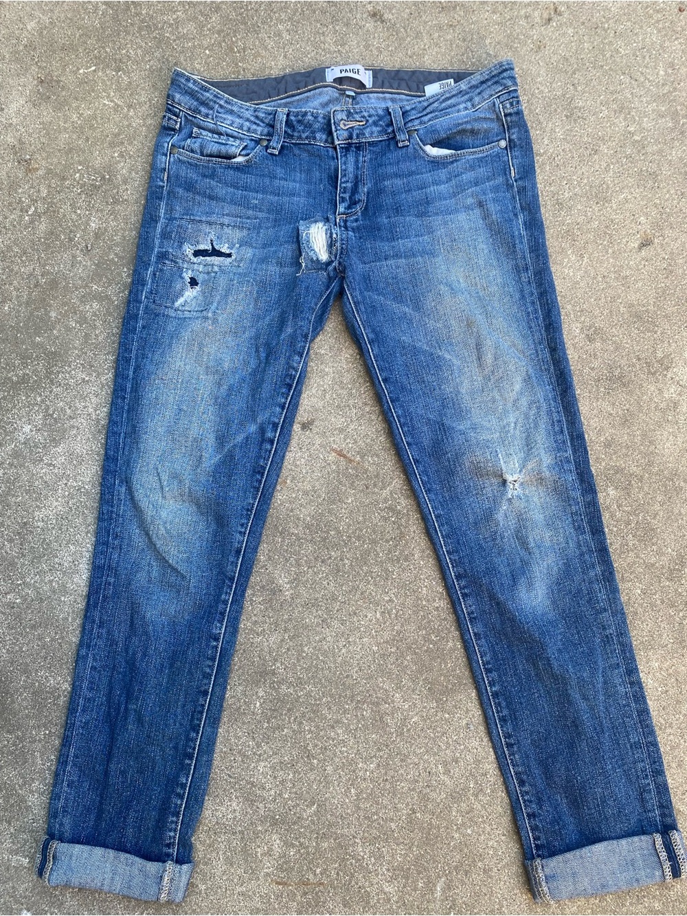 PAIGE Distressed Cuffed Cropped Skinny Jeans Blue Mid Wash Rips Women's Size 28